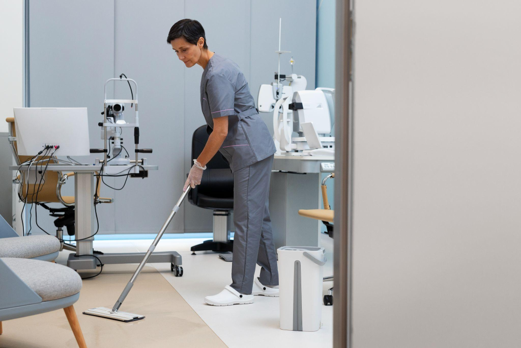 A female cleaner mopping the floor inside a modern clinic.