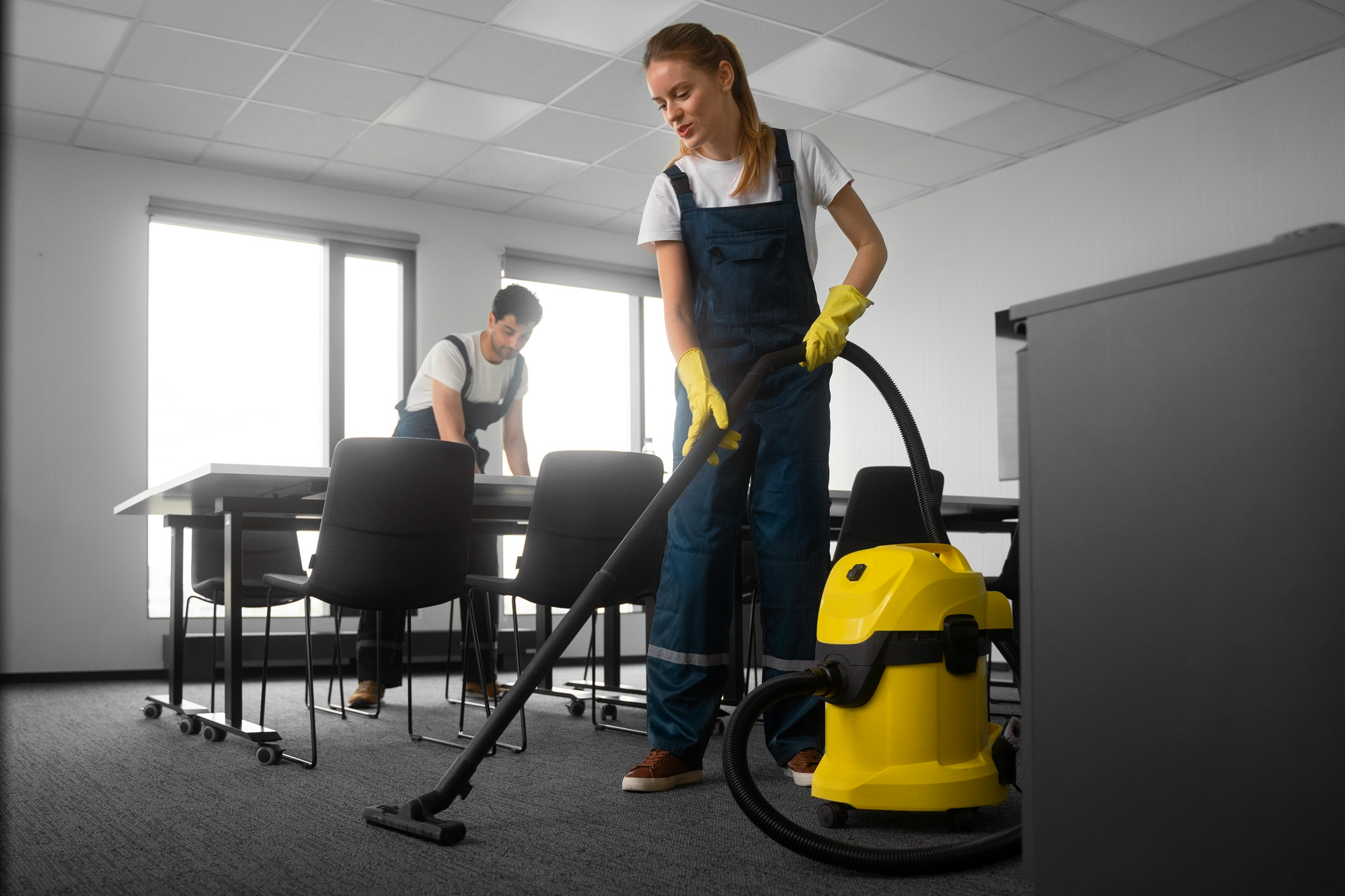 a commercial cleaning team hard at work in an office space